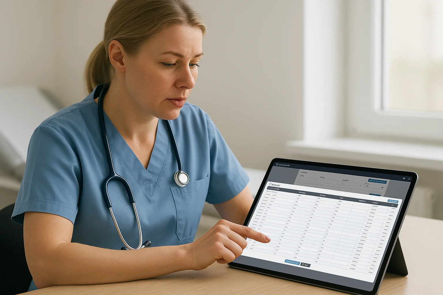 Nurse using OunasConnect on tablet in exam room