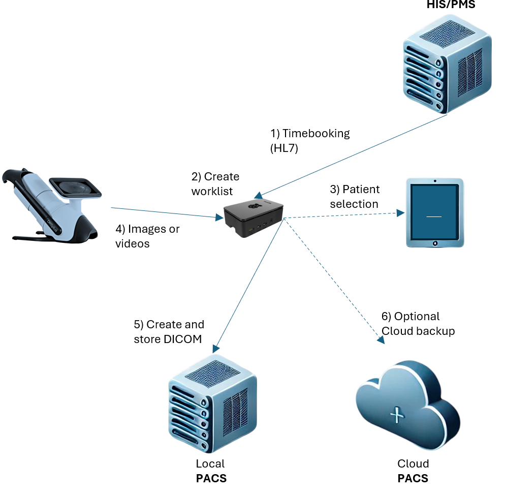 Workflow diagram: six steps from image to PACS